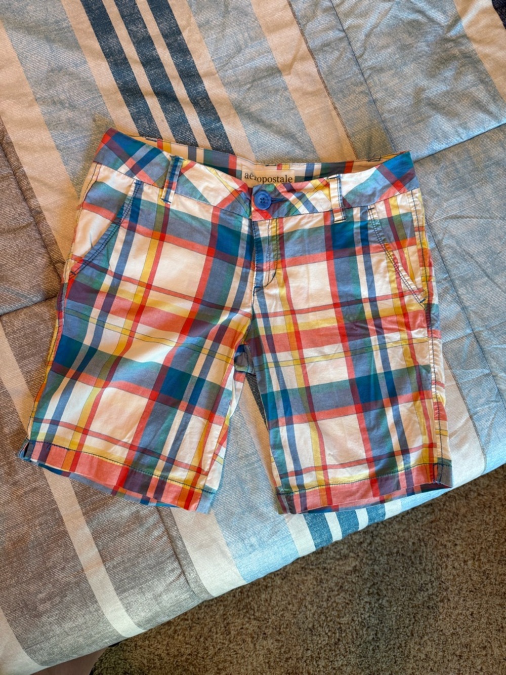 Aeropostale Multicolor Plaid Stretch Shorts with Orange Trim